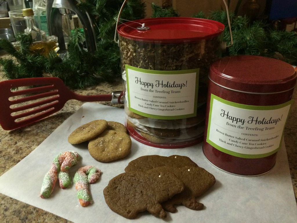 Treefrog's homemade holiday gifts. Featuring salted caramel snickerdoodles, gingerbread frogs, and TCX brand candy cane cookies.